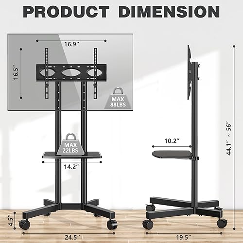 Miniatura 5 de Soporte de TV móvil con ruedas para pantallas planas LCD LED 4K de 32 a 80 pulgadas con ruedas, carrito de TV ajustable en altura con estante para