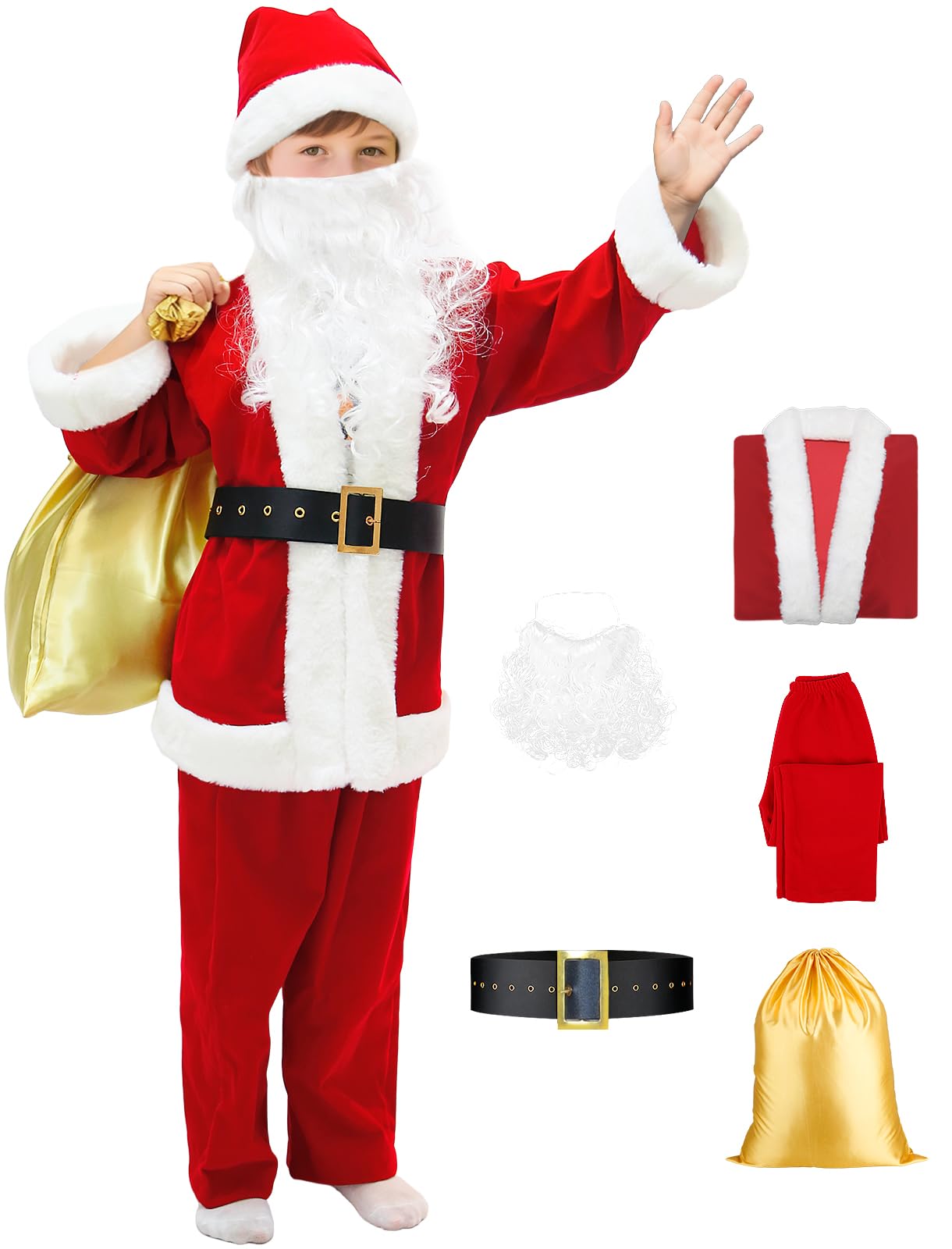 PrettyFirst Boys Santa Suit Santa Claus Costume for Kids Christmas Santa outfit for Kids Velvet Santa Costume for Boys