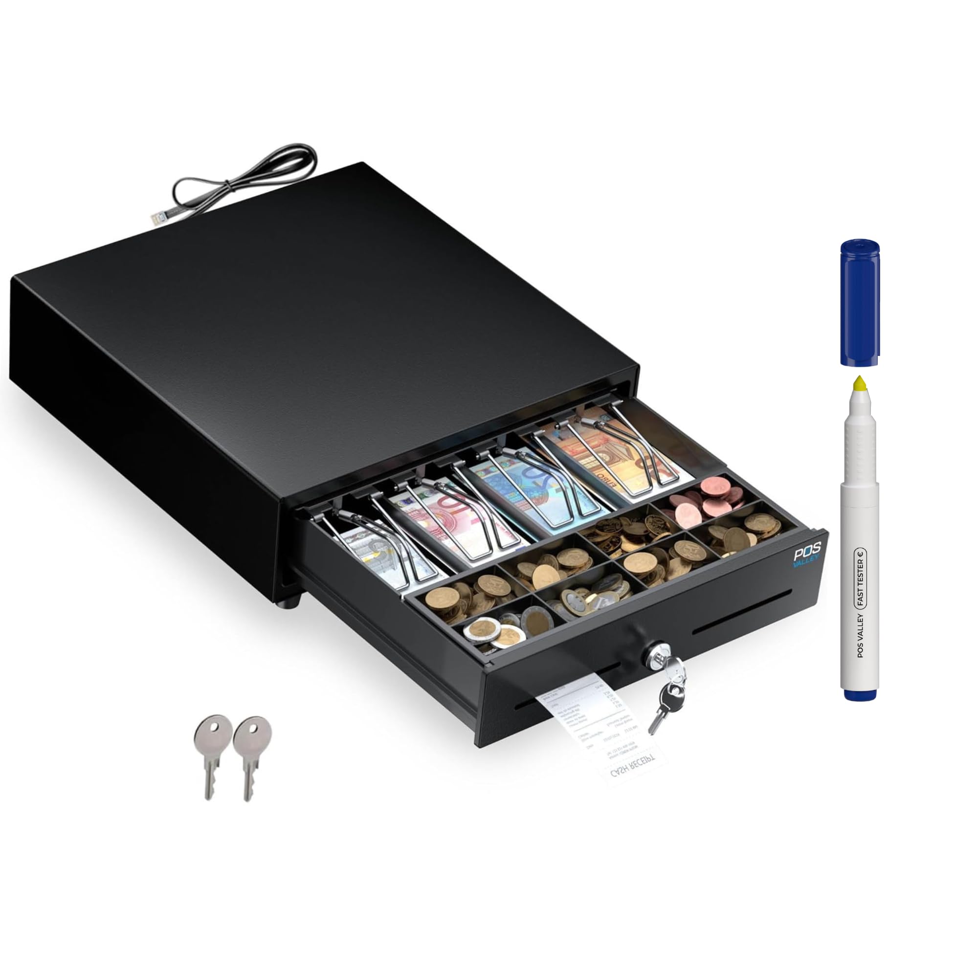 Cassetto Porta Soldi per Registratore di Cassa 33x33 cm, Automatico/Manuale RJ11, Kit Professionale con Penna Verifica Banconote - Cassetto Cassa 4 Banconote e 8 Monete, Nero