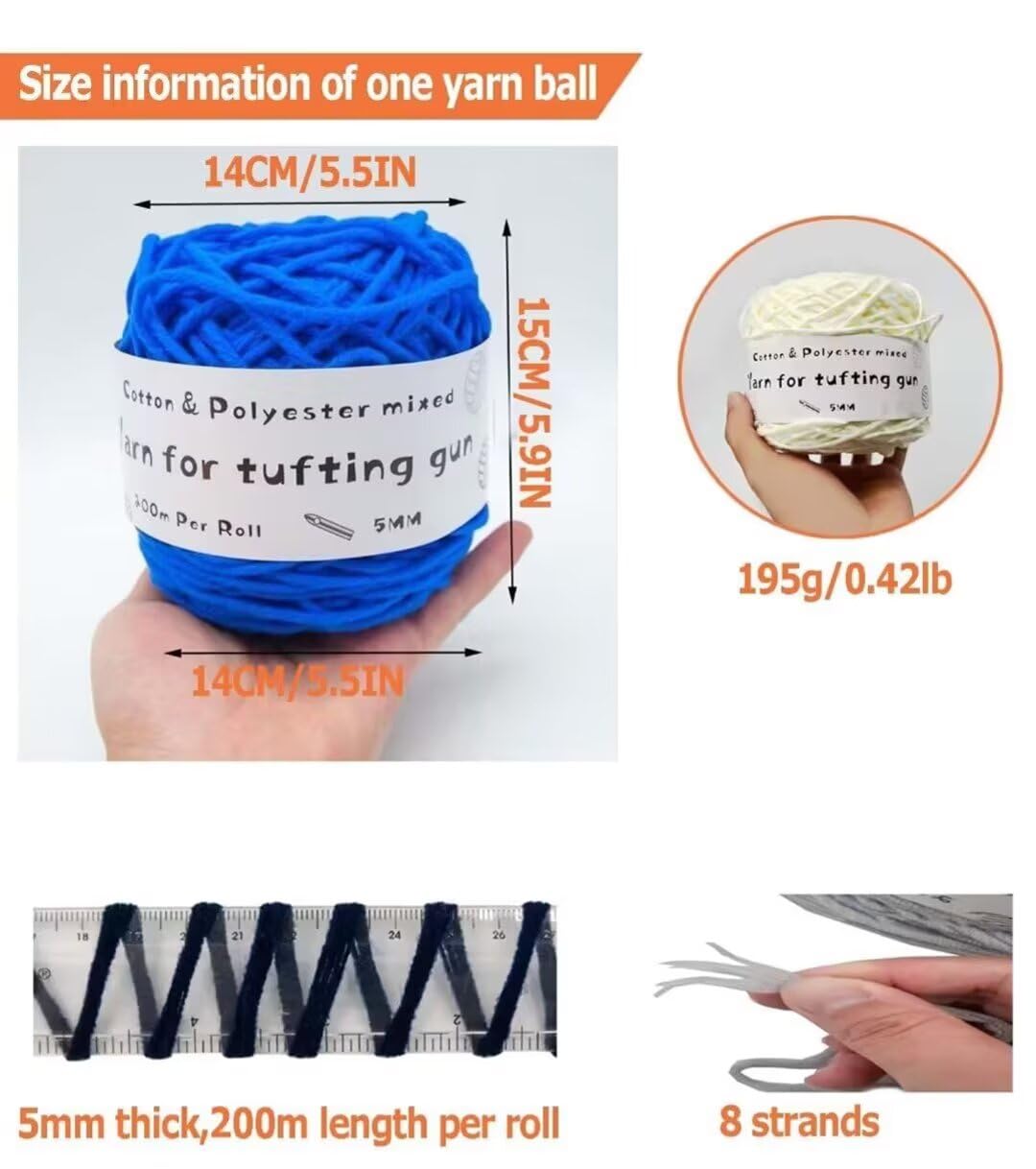8-fädiges Tuftinggarn zur Teppichherstellung,5mm dicker Faden,Baumwoll- und Polyester-Mischgarn für Tuftingpistole und Häkeln,Wollknäuel zum Häkeln mit der Punch Needle,Set mit 6 x 195 g Garnknäueln