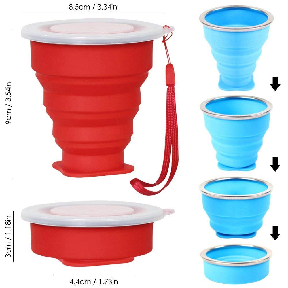 Senhai Tazza da Viaggio Pieghevole a 5 Pacchetti con Coperchio, Tazza Pieghevole Pieghevole 6Oz, Retraibile per Escursionismo Picnic Camping - Blu, Verde, Giallo, Arancione, Rosso