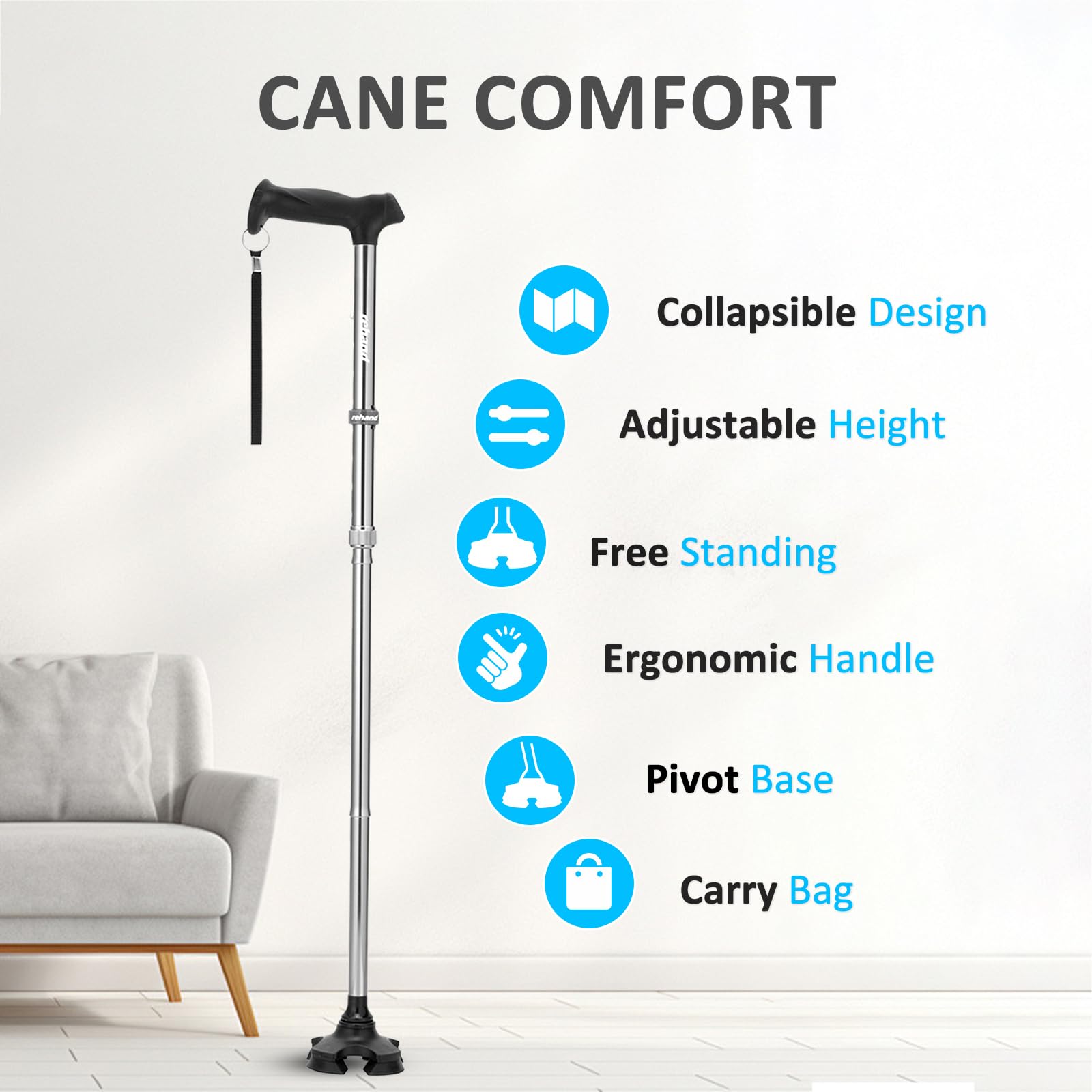 Rehand Bastone da passeggio per uomini e donne, pieghevole, regolabile, leggero, autoportante, con impugnatura morbida, con borsa da viaggio, bastone da passeggio per anziani e adulti