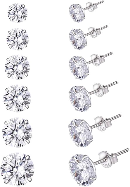 tao pipe 6 Pairs Silver Stud Earrings 925 Sterling Silver Stud Earrings Set Cubic Zirconia Small Sleeper Cartilage Studs for Women men Girls, 3/4/5/6/7/8mm