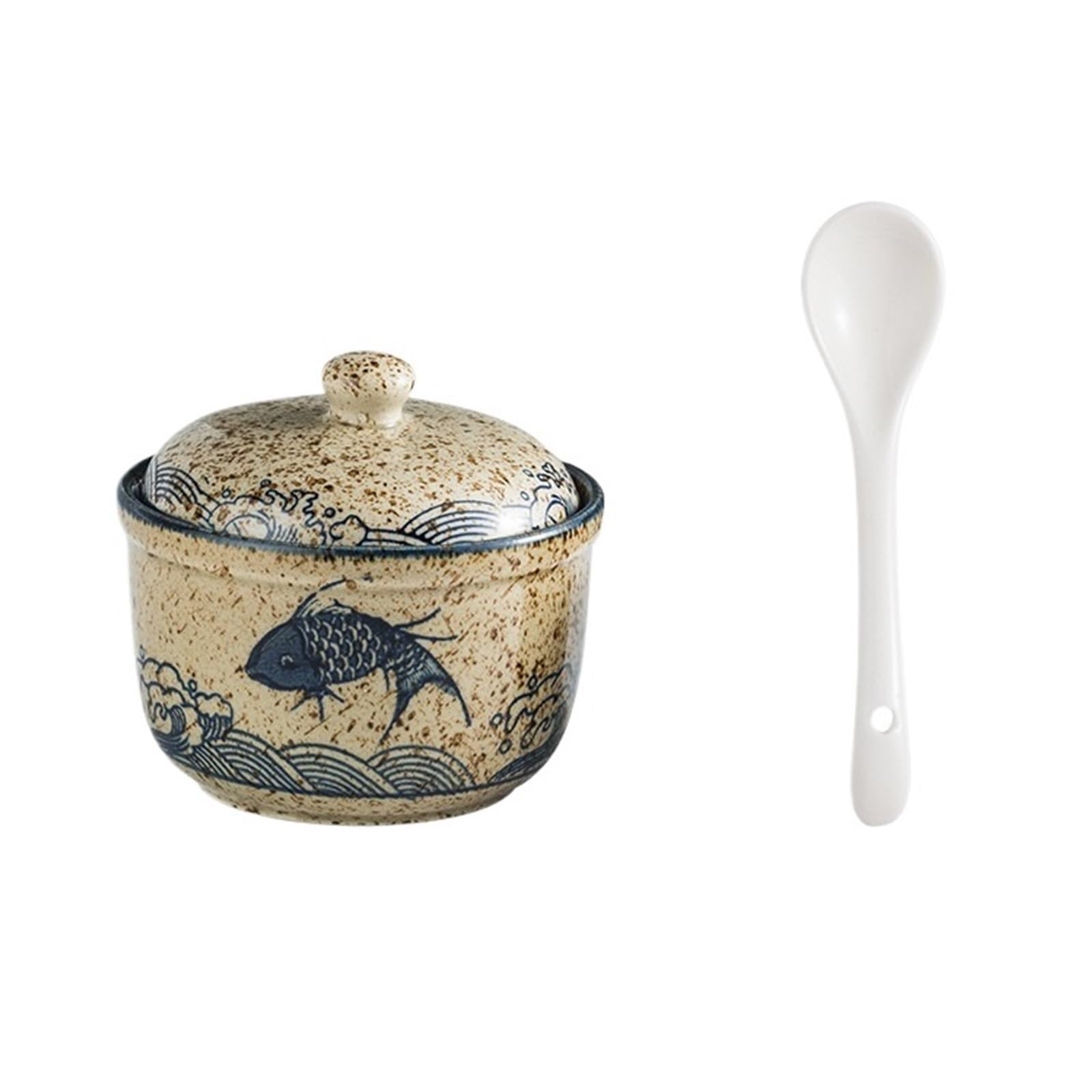 HYFEUOKF Retro Porcelain Hand Painted Jar Salt Gourmet Powder Can Box Household Kitchen With Seasoning Spoon(Happy fish)
