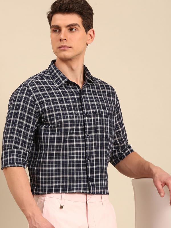 Image of Linen Club Men's Linen Rich Checked Contemporary Fit Full Sleeve Casual Shirt
