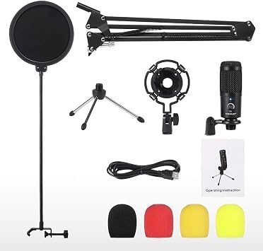 USB Condenser Microphone Bundle Kit,192KHZ/24BIT Professional Cardioid Computer Mic with Adjustable Scissor Arm Stand Shock Mount and Gain Knob for Recording, for Podcasting, Gaming, YouTube (Black)