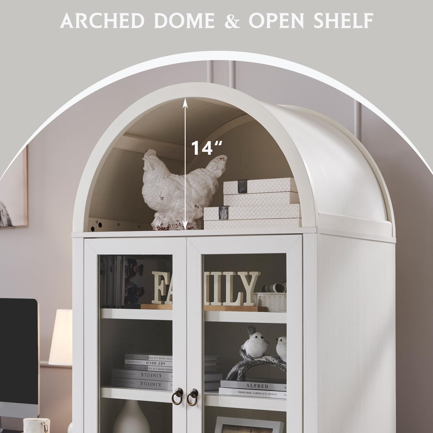 71” Tall Arched Bookshelf, Modern Farmhouse Bookcase w/ Open & Adjustable Shelf, Wooden Display Cabinet with Large Hidden Drawer and Glass Doors, Versatile Bookshelf for Living Room, Bedroom, White