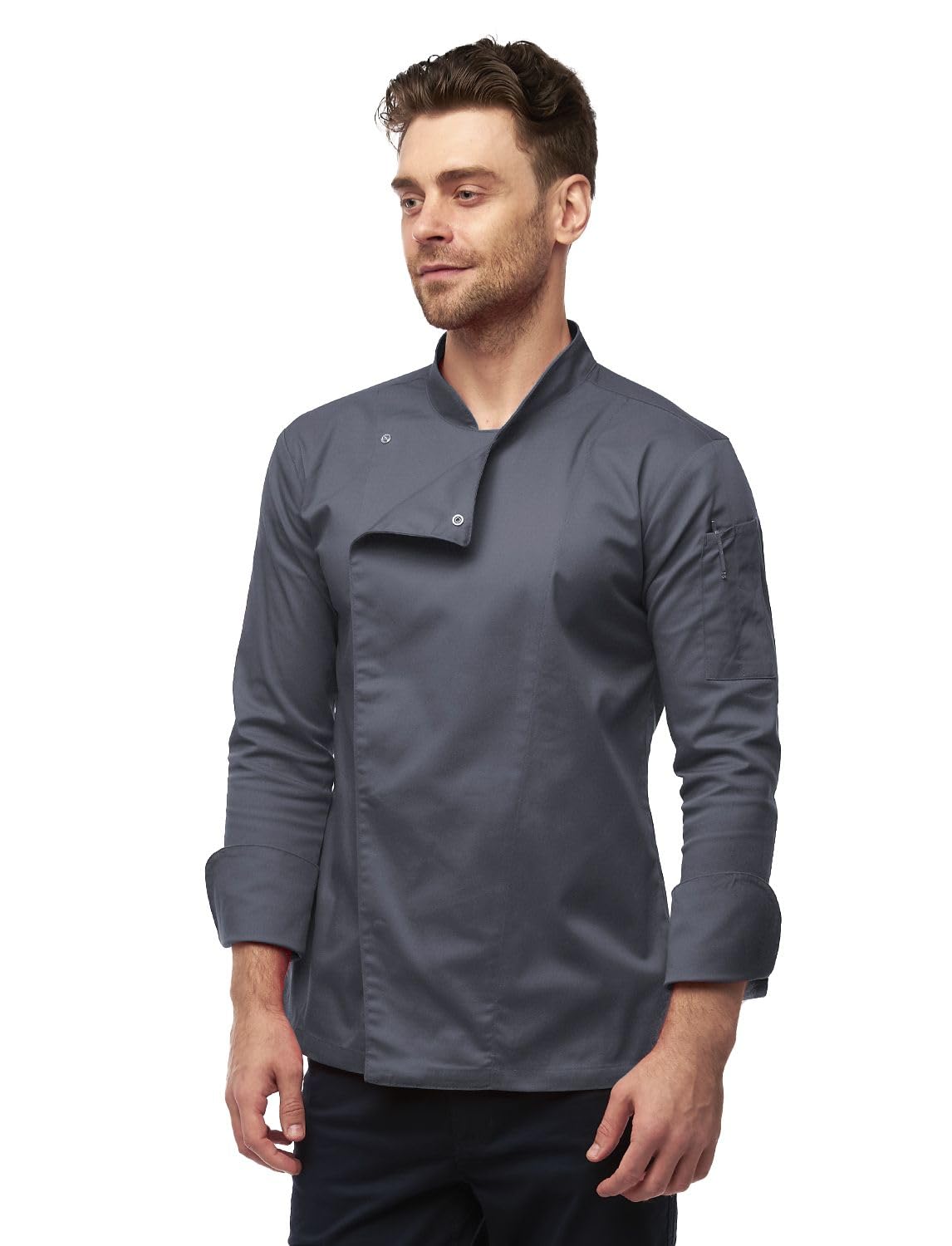 strongAnt Chaqueta de Chef para Hombre Slim Fit Stretch con Botones de presión, Chaqueta de Panadero - Manga Larga - Negro Gris Blanco