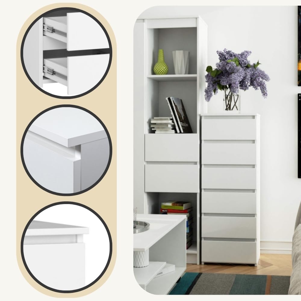AKORD | Cassettiera a 6 Cassetti | Credenza Alta | Moderna Mobiletto per Soggiorno Sala da Pranzo Camera da Letto Corridoio Bagno | Armadio Cameretta | 35x40x109 cm | Bianco