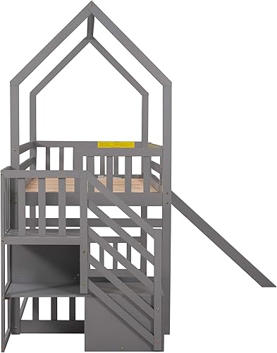 Miniatura 72 de SOFTSEA Litera individual sobre individual con tobogán, literas de casa para niños y niñas (blanco, litera de casa con tobogán) Blanco,Gris,Lavado