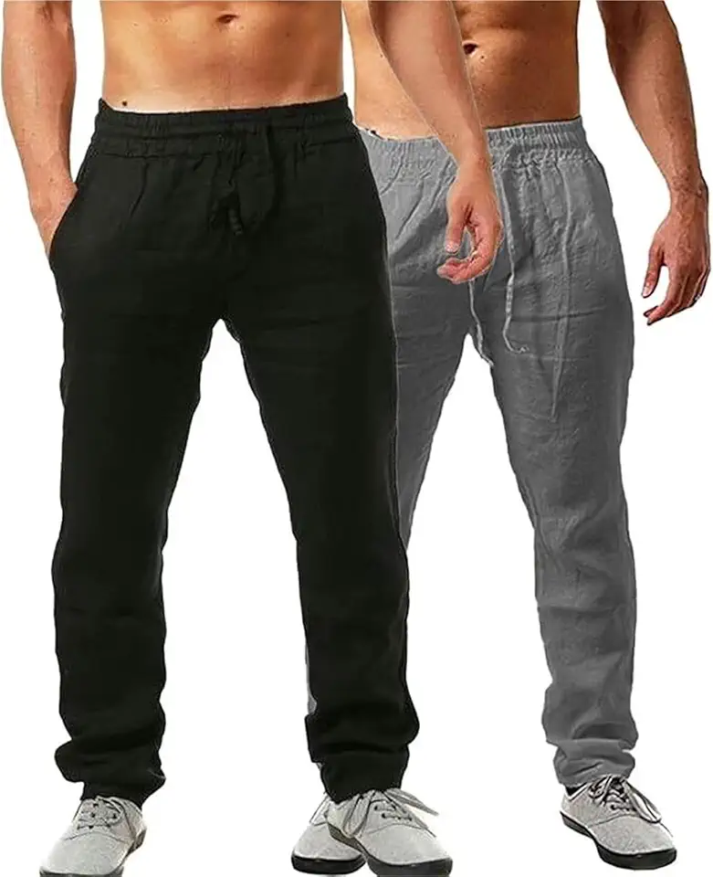 Pack of 2 Men's Linen Trousers with Drawstring, Loose Summer Trousers, Lightweight Casual Trousers, Plain Trousers for Men, Beach Trousers, Holiday, Everyday Use, Size S-5XL (AC,L)