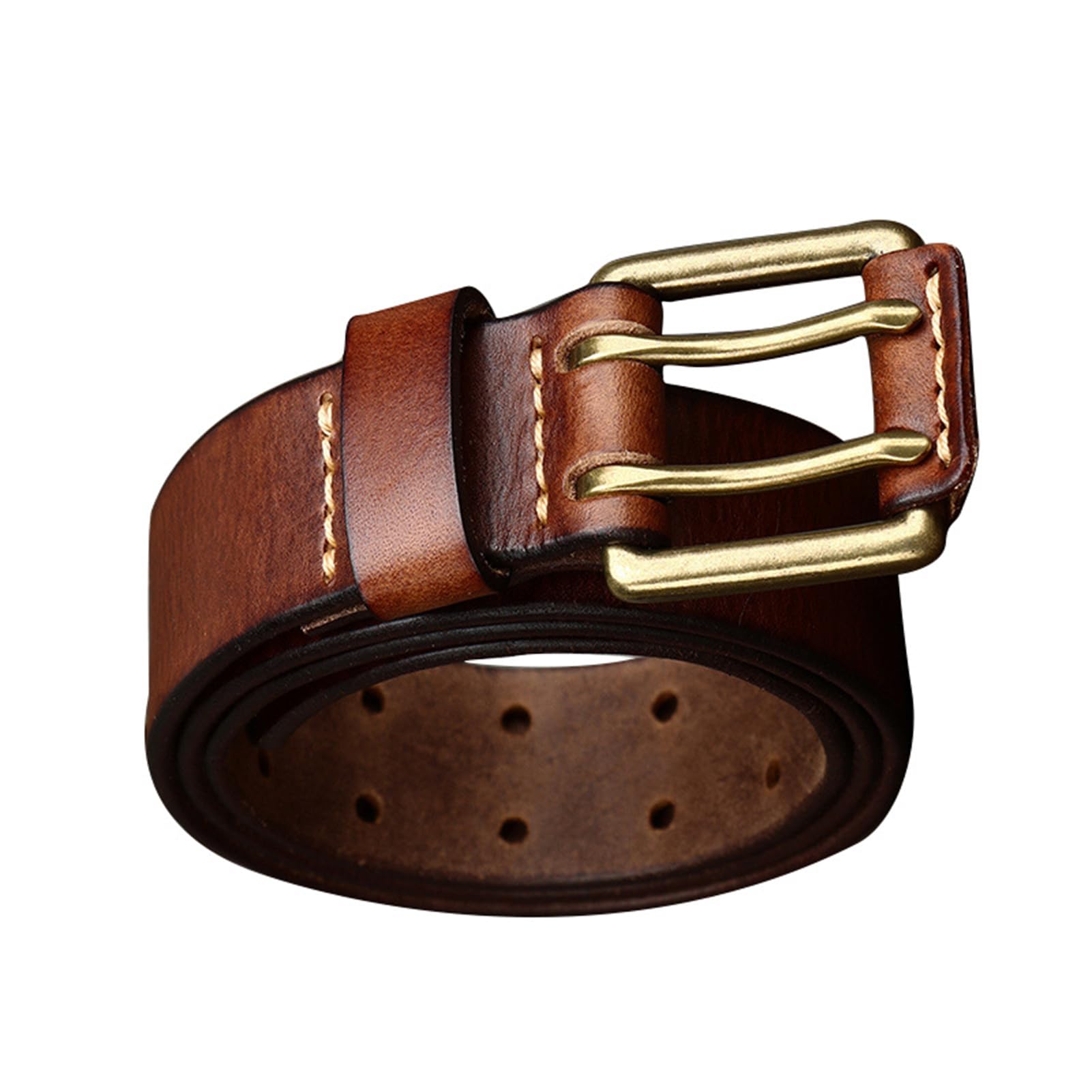 Générique Fait Main Ceinture en Jean Largeur 3,8cm, épaisseur 4mm Sangle en Cuir De Vachette Boucle Ardillon à Double à Rouleau Dorée en Cuir(105cm/41, Brown)