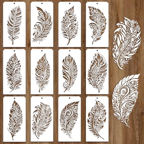 GOMAKERER 12 pochoir de Peinture 12 modèles de Pochoirs à Motifs de Plumes Réutilisables pour la Peinture Sur Décoration Murale Tissu Bois Toile