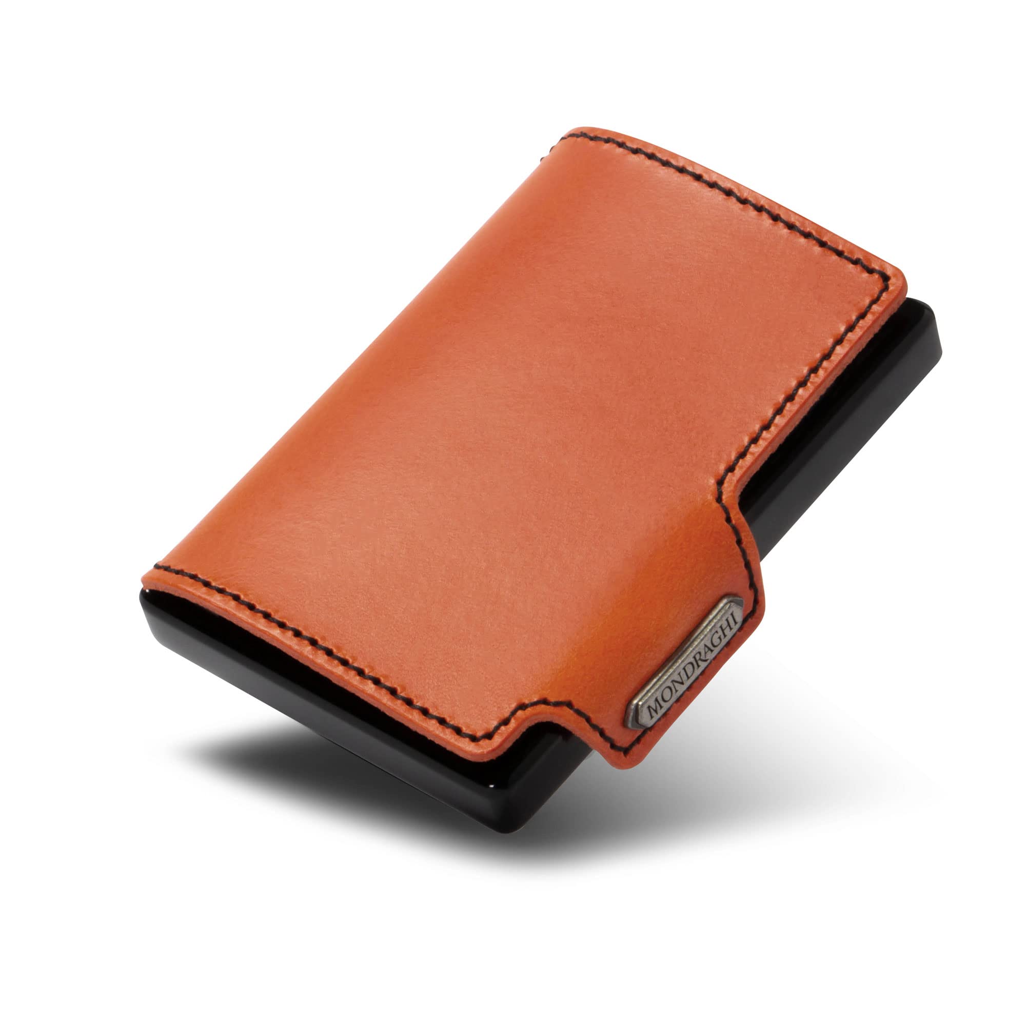 MONDRAGHI® Mini-Wallet. Ultraleichte Geldbörse mit Narbenleder. Kleiner Geldbeutel mit RFID-Schutz-Chip - Kartenetui mit Leichtmetallrahmen | Racing Orange