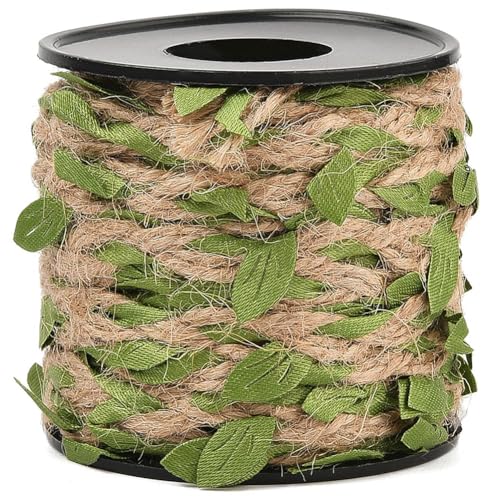 CABODYALS 33 Feet 2MM Green Leaves Vine Ribbon Artificial Leaf String Rattan Cord Natural Jute Trim Braided Burlap Creative Twine Rope for Crafts Garden Jungle Bar Garden Wedding Decoration Diy Supply