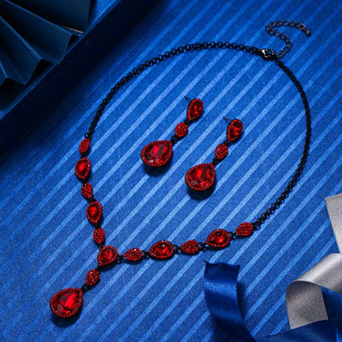 Elequeen Women's Cubic Zirconia Teardrop Y-Necklaces Dangle Earrings Sets For Brides Bridesmaids Ruby Black-Tone #TOP3