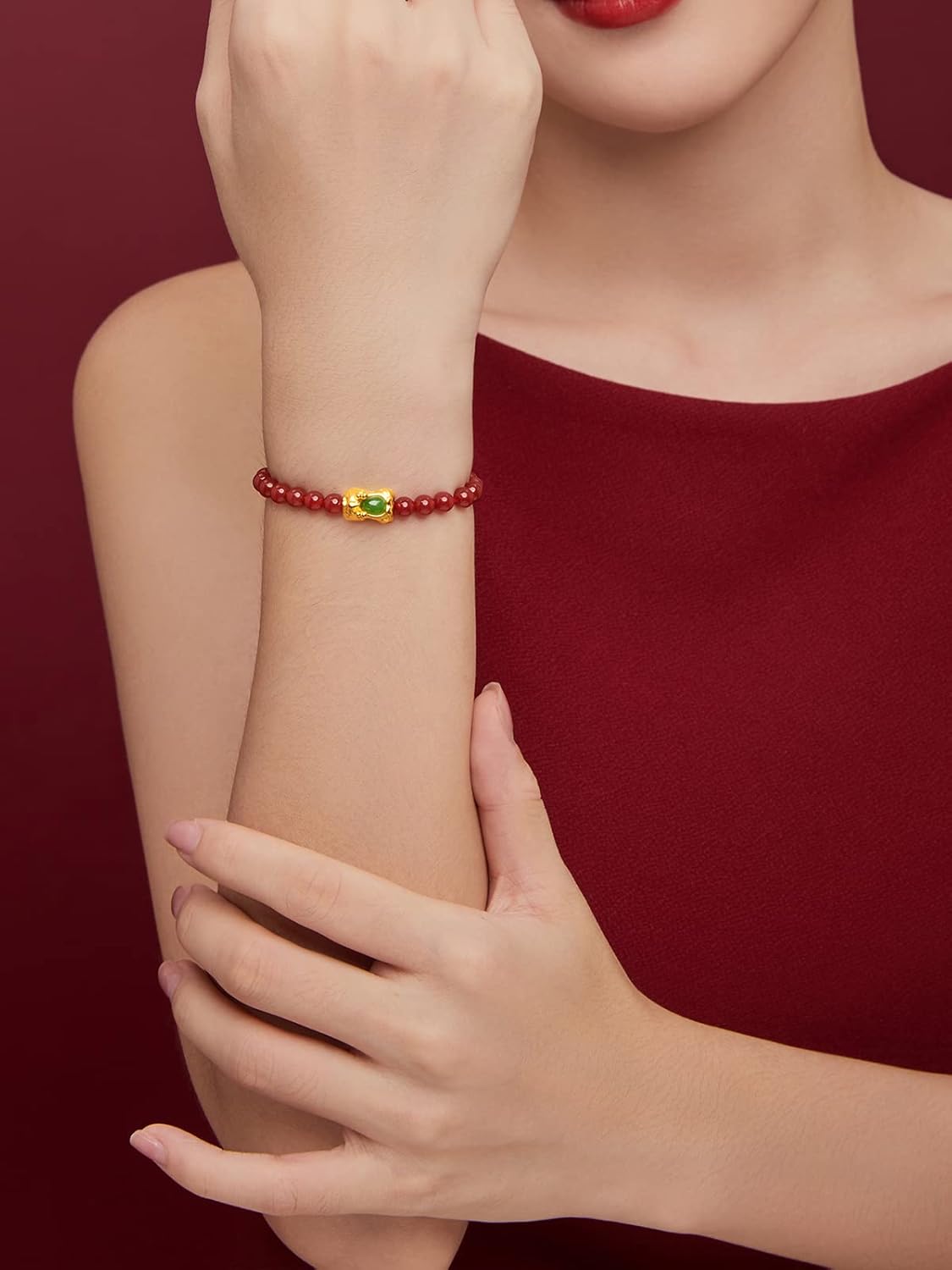 24K Gold Stretch Bracelet Feng Shui Charm Beaded Bracelets Healing Agate Beads Jade Pixiu Jewelry Good Luck Stone Wealth Adjustable Chain Bangle Lucky Red Bangles Unisex Real Gold Gift for Women Men