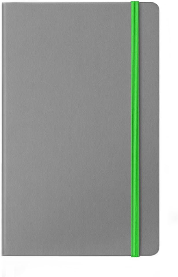 Premium Modern Notebook Journal with Great Feel Bicast Leather Cover Gray with Green Band (A5 Approx 5 inch x 8.25 inch) Ruled Pages