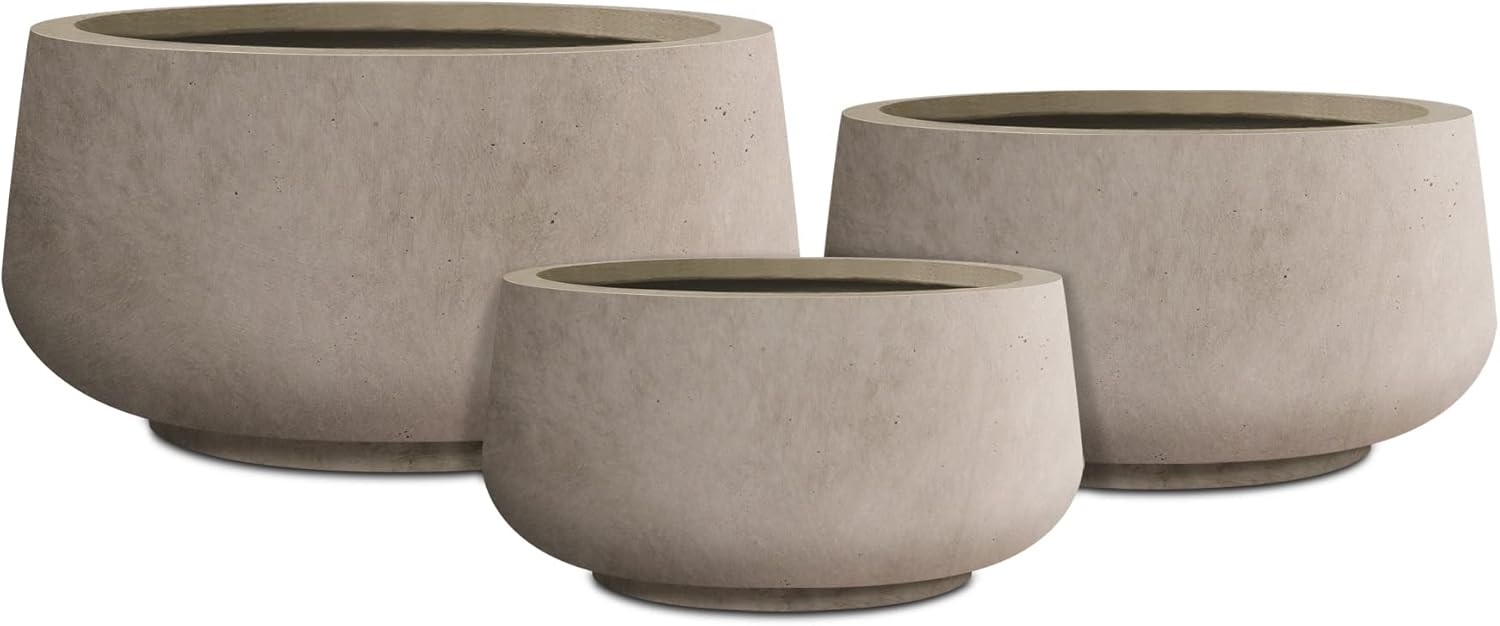 Kante 21.6,16.9,and 12.5 Dia Round Weathered Concrete Elegant Planters (Set of 3), Outdoor Indoor Garden Plant Pot with Drainage Hole and Rubber Plug for Home & Patio