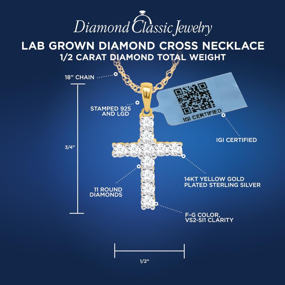 IGI Certified Lab Grown Diamond Cross Necklace 1/2 to 1 CTTW in Sterling Silver or 14k Yellow Gold Plated Silver - 18 Inch Chain - Image 4