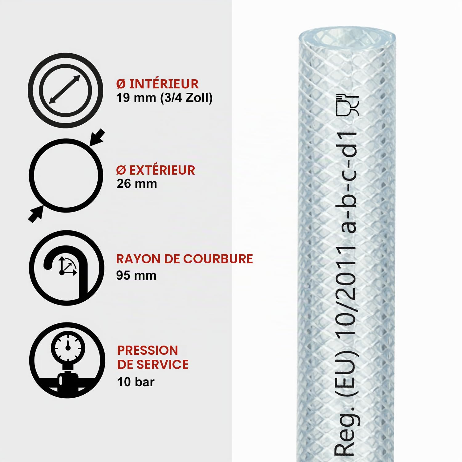 FLEXTUBE TX Ø 19mm x 3mm (3/4"), 5m de long, Qualité alimentaire, tuyau en PVC pour air comprimé, résistant à l'air, à l'eau, aux huiles conditionnelles et aux produits chimiques
