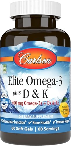 Carlson - Elite Omega-3 Plus D & K, 700 mg Omega-3s + D3 y K2, función, salud ósea y apoyo inmunológico, limón, 60 cápsulas blandas