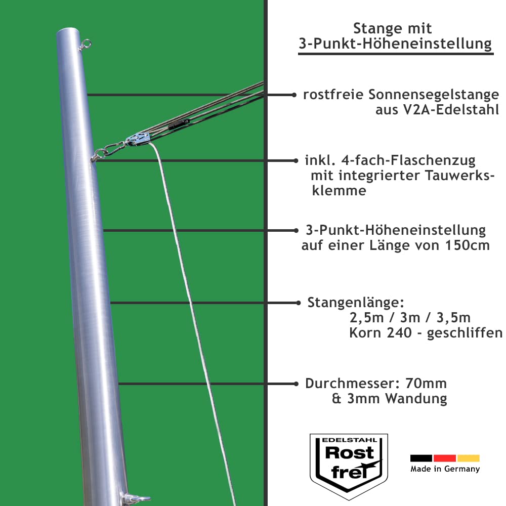 Sonnensegel Stange aus V2A Edelstahl mit 3-Punkt Höhenverstellung inkl. Zubehör - 4-Fach Flaschenzug-Set zur Segel Befestigung | für sehr große Segel (3,5m, Ohne Bodenhülse)