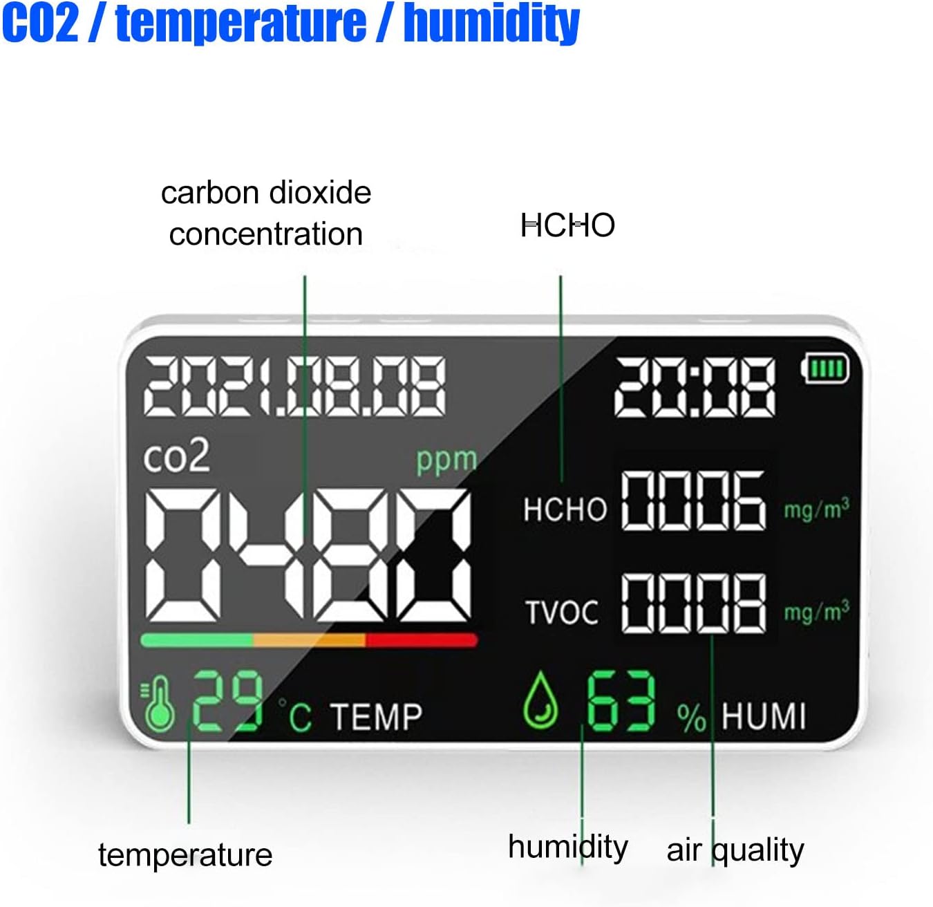 Air Quality Monitor CO2 Detector USB Charging Carbon Dioxide HCHO Temperature Humidity Detector with Large Screen Display Infrared for Various Indoor Spaces (Black)