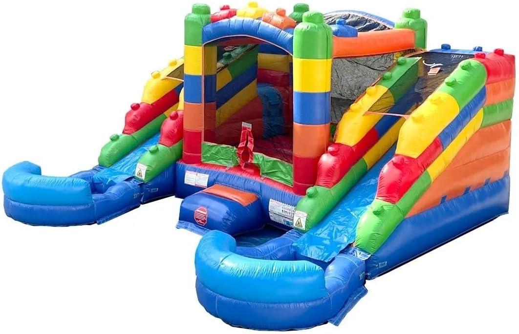 Crossover Building Block Castle Double Water Slide Bounce House Combo, 16.5 x 15 x 11 Foot, PVC Vinyl Inflatable Bouncer for Kids, Removable Pools, Stakes, Storage Bag and 1 HP Blower
