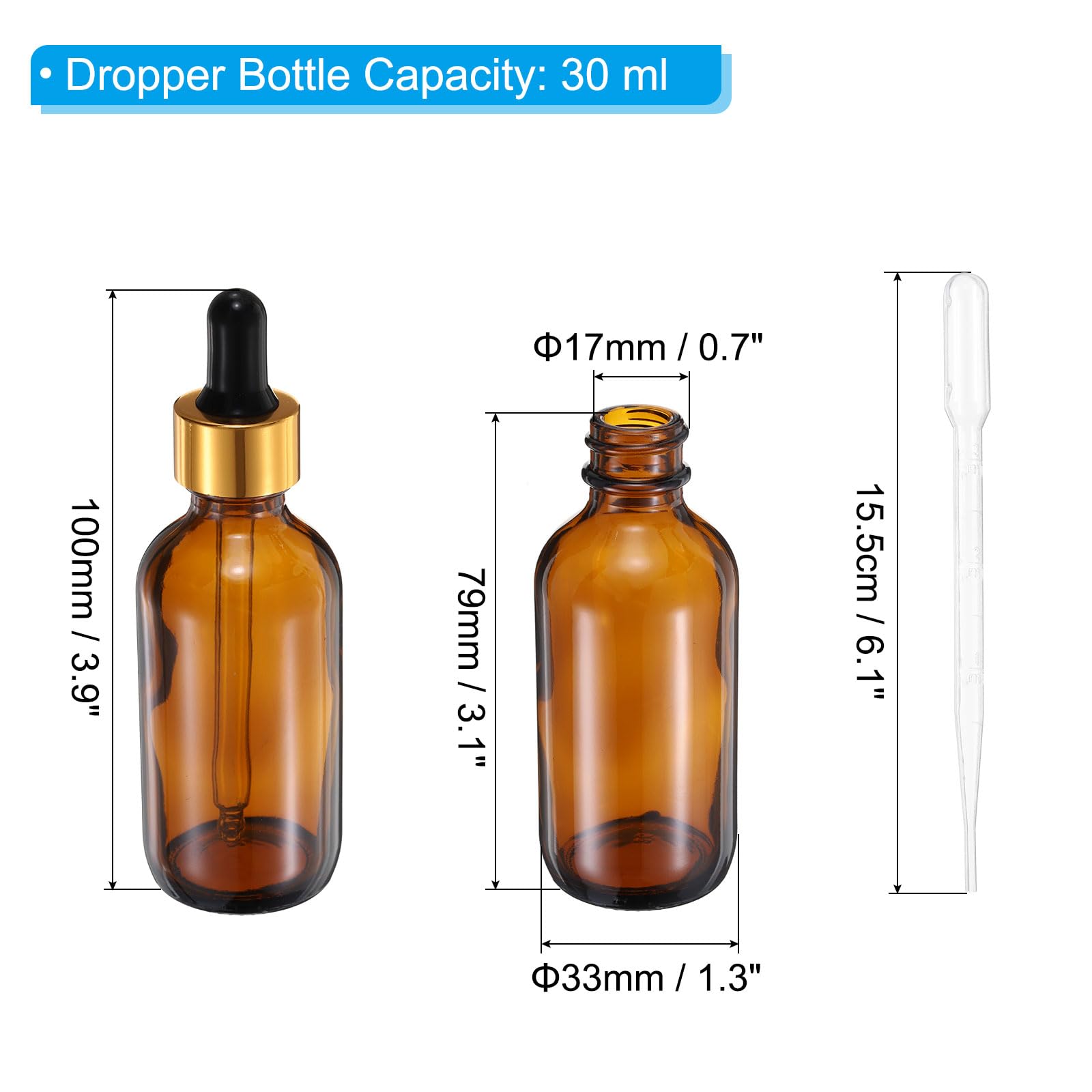 PATIKIL 30ml Glas-Tropfflasche 100Stk Dichte Ätherische Öle testen Flüssig Parfüm Behälter Mit Pipette Etikett Trichter Für Aufbewahrung Zuhause Reisen Amber
