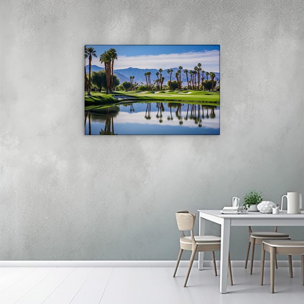 Canvas for Living room. Serenity on the Greens: An Oasis of Calm Against a Mountain Backdrop, 27 x 18 inch Canvas Wall Art - Ready to Hang