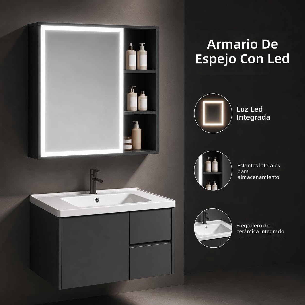 Set Mobile da Bagno sospeso con lavabo in Ceramica, mobiletto Resistente all'umidità in plastica e Acciaio, Specchio Contenitore Intelligente Illuminato per Trucco e Cosmetici