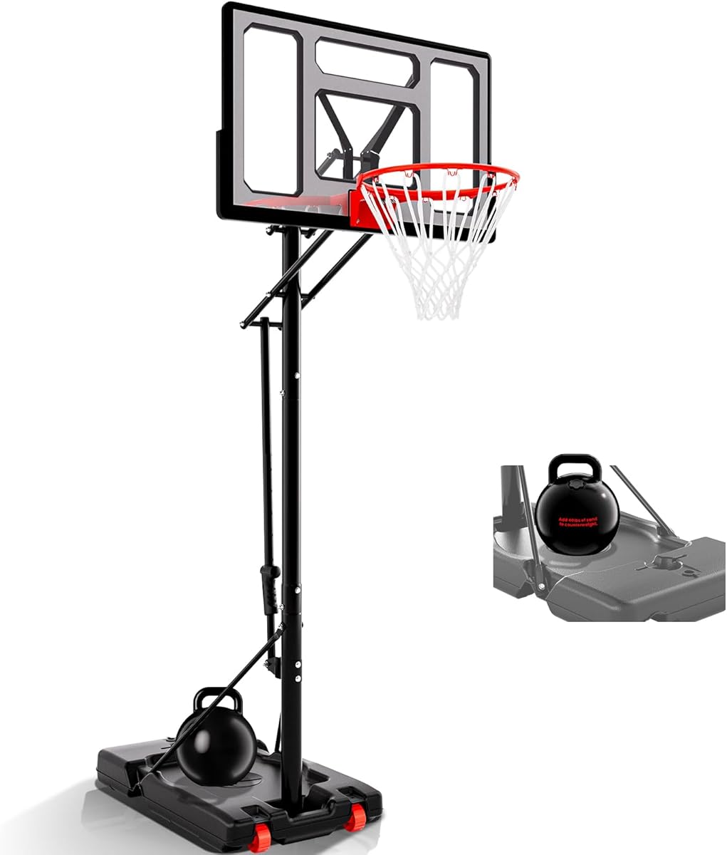 Basketball Hoop Outdoor Protable 40/44/48 Inch Impact Backboard, 4.8-10FT Height Adjustable Basketball Hoop Goal System with Wheels for Adults