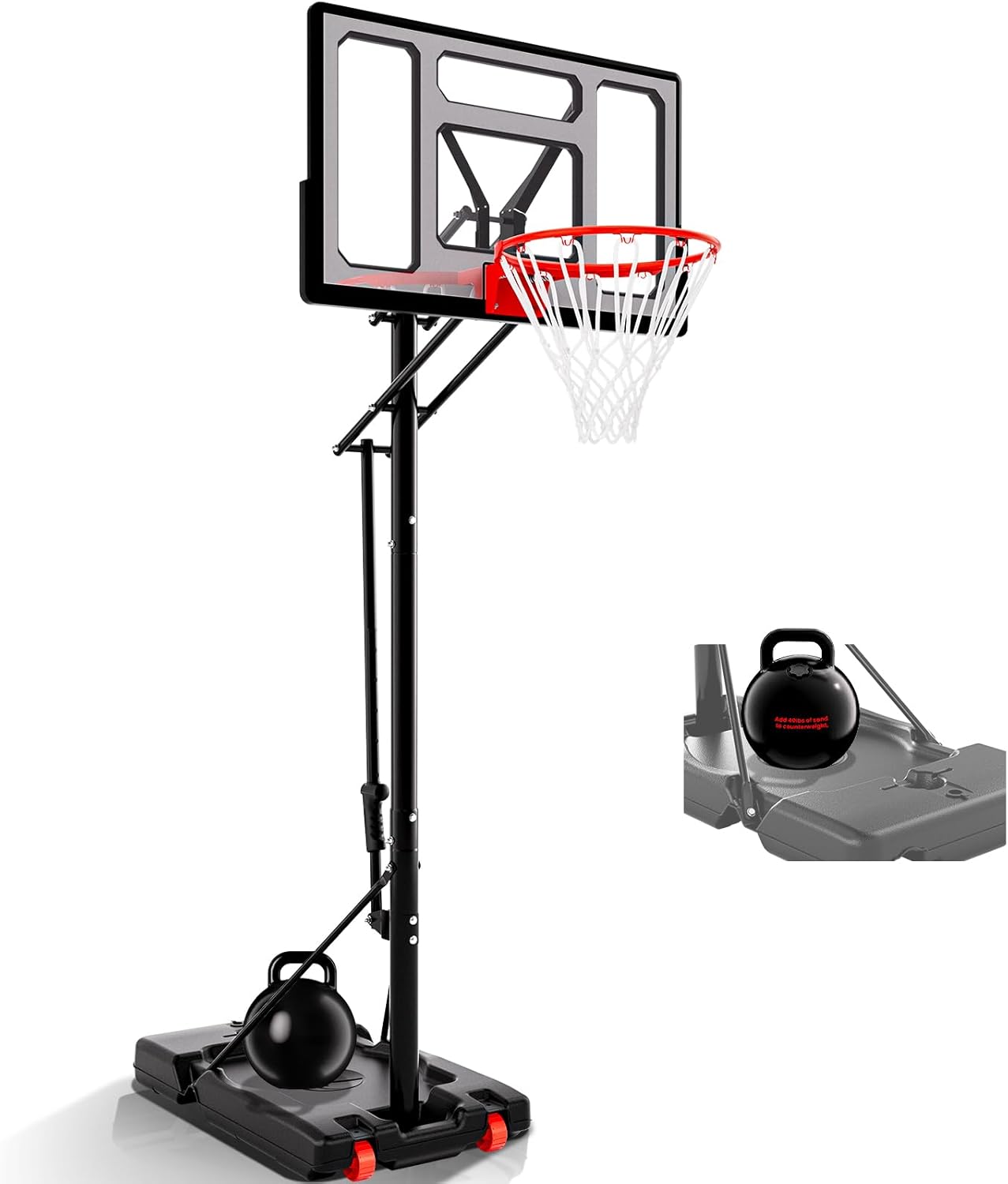 Basketball Hoop Outdoor Protable 40/44/48 Inch Impact Backboard, 4.8-10FT Height Adjustable Basketball Hoop Goal System with Wheels for Adults