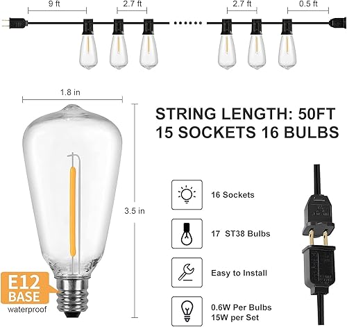 Miniatura 4 de LIGHTNUM ST38 - Tira de luces LED para exteriores de 50 pies con 16 bombillas Edison vintage inastillables, IP65, impermeable, luces colgantes