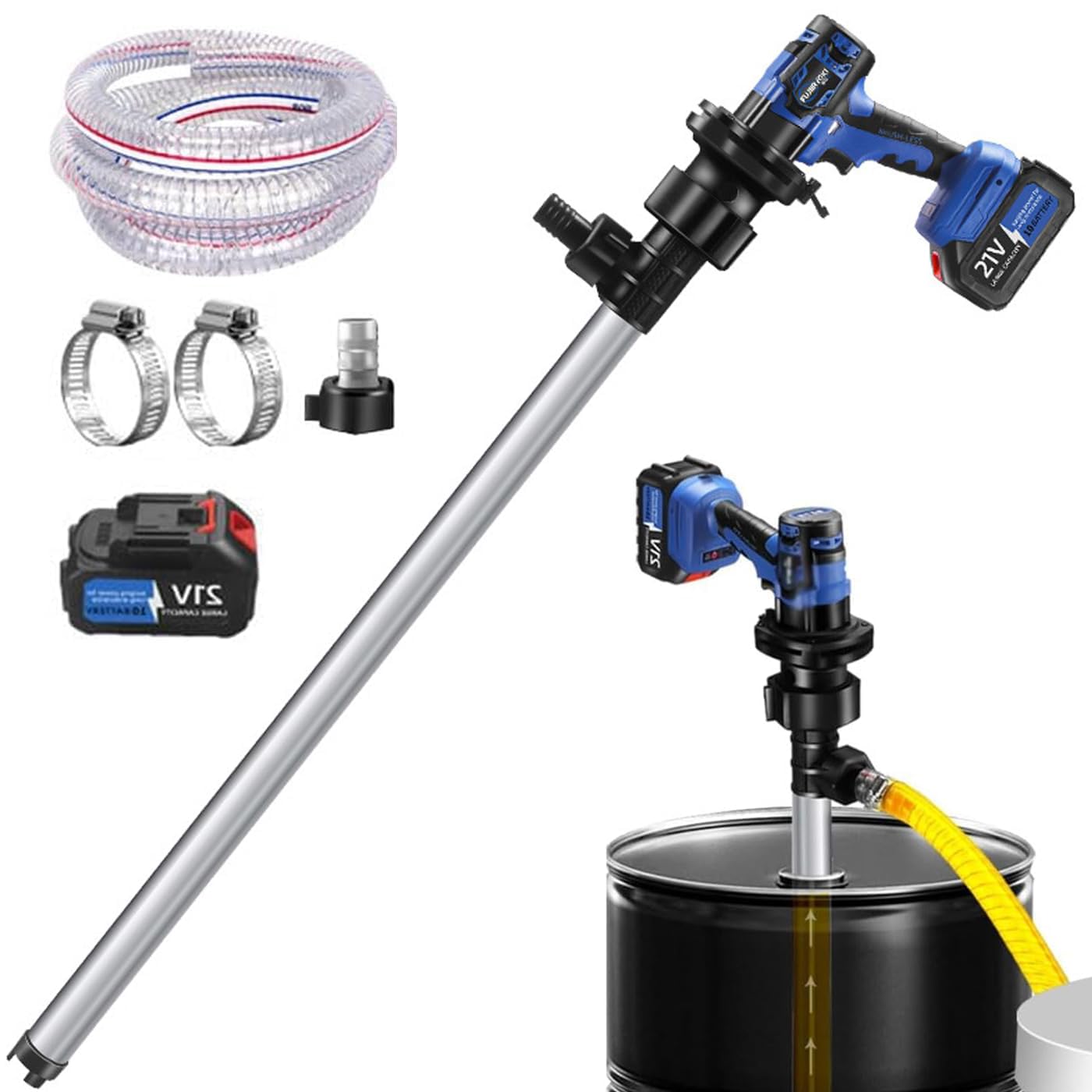 Eiwitany 92cm Stainless Steel Tube Cordless Electric Oil Drum Pump, for Diesel, Kerosene, Hydraulic Oil and Other Non-Corrosive Liquids