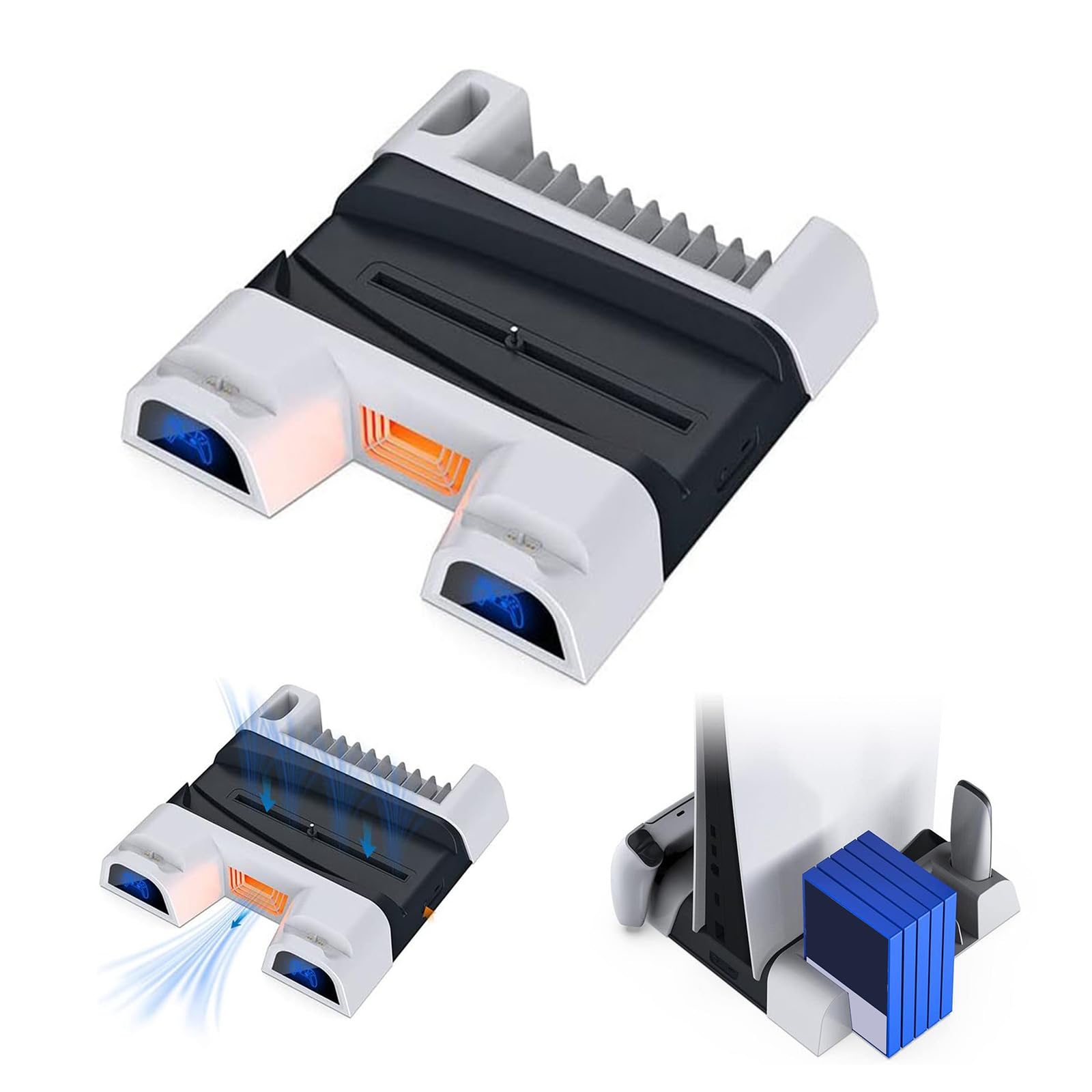 Base de carga para controlador, soporte de refrigeración integrado con dos ventiladores de refrigeración con soportes de almacenamiento de disco para consola de juegos P5, soporte de cargador de