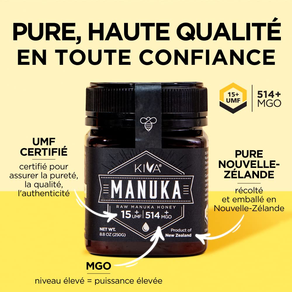 Miel de Manuka non pasteurisé Kiva, certifiée UMF 15+ (MGO 514+) - Nouvelle Zélande (250 g)