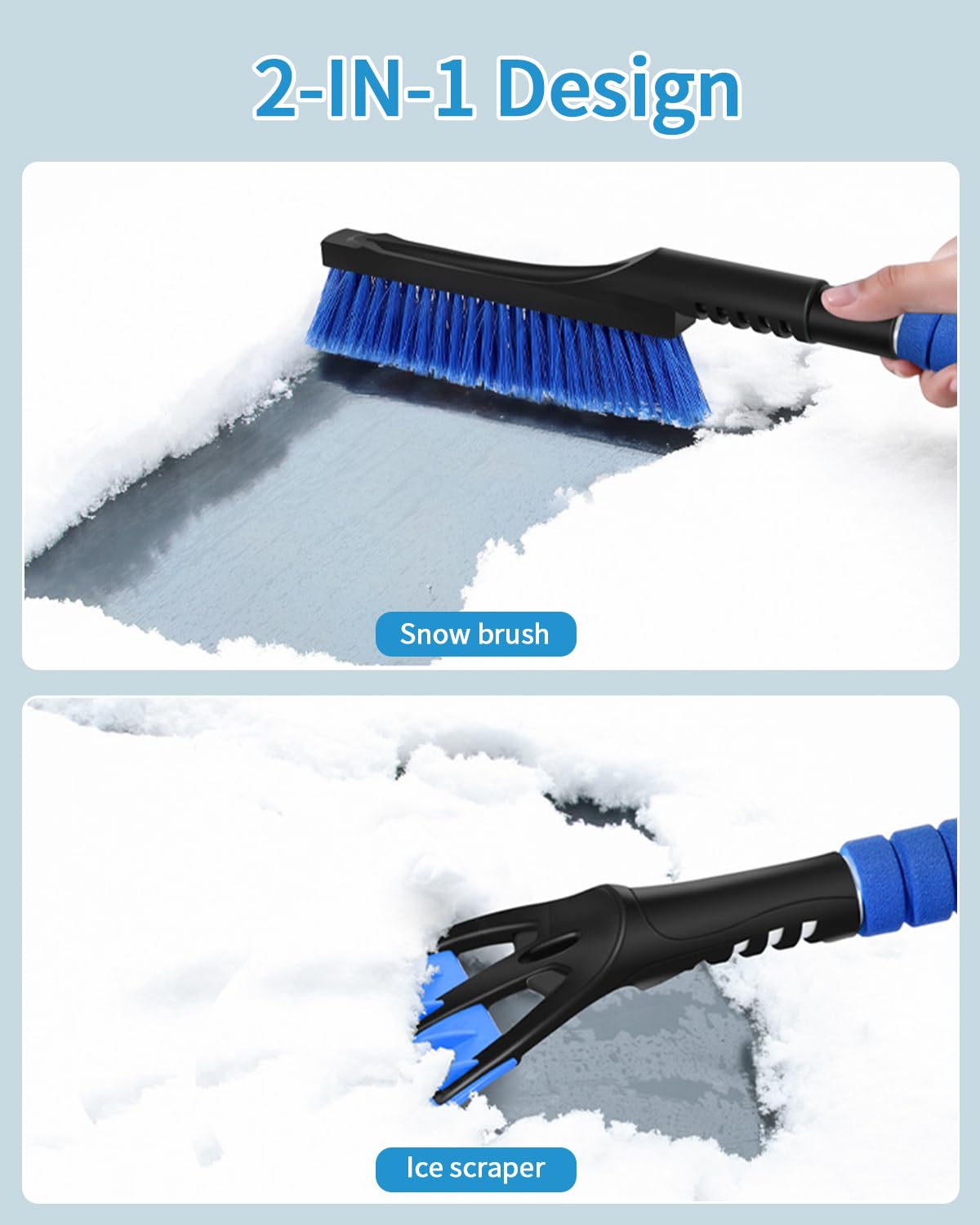 Rascador de hielo para coche con escoba, cepillo de nieve para automóvil, rascador de hielo duradero con mango de espuma ergonómico 2 en 1, cepillo de nieve desmontable para coche, camión y SUV