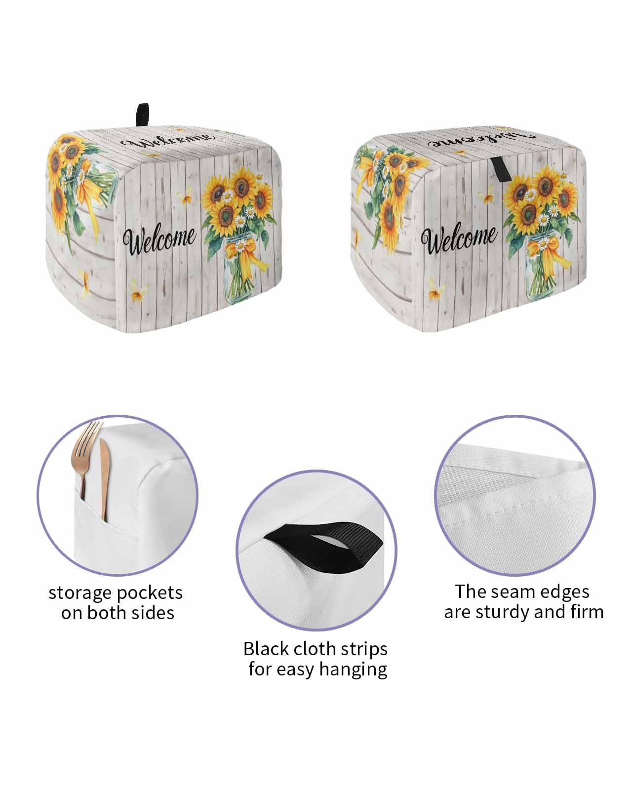 Spring Sunflower Toaster Cover 2 Slice, Yellow Butterfly Wood Farm Country Dustproof Bread Machine Oven Cover with Storage Pockets, Fits Most Kitchen Toasters Protector
