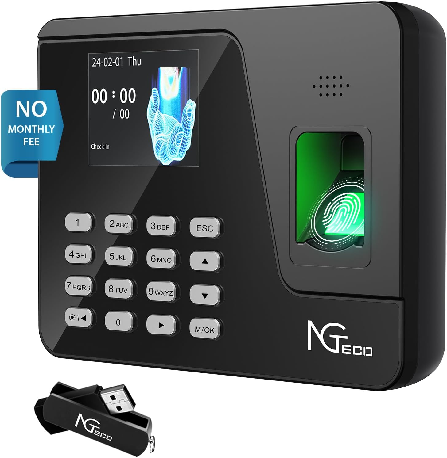 NGTeco Fingerprint Time Clock for Small Businesses, Supports Shift Schedules, Standalone Time Card Machine with No Monthly Fees, No WiFi Required