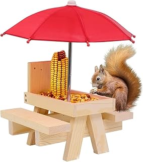 Wooden Squirrel Feeder, with Umbrella, Picnic Table and Squirrel Feeder Corn Cob Pole, for Squirrel and Chipmunk, Gifts for Squirrel Lovers, for Outside Tree (Natural Color)