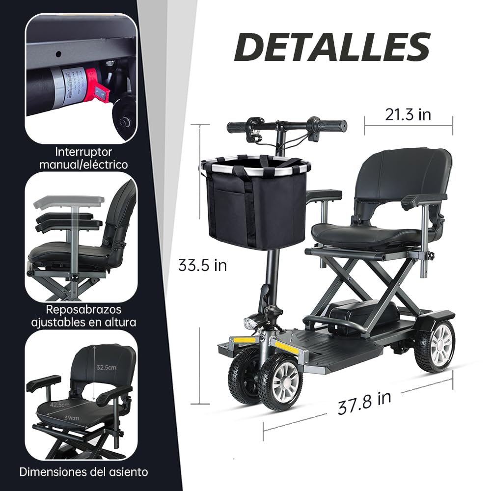 Scooter Minusvalidos Mobility Scooter Para Electrico Discapacitados Autonomía 24 km 8 km/h Plegable Scooter de Movilidad Carga Máx. 150 kg y Luces LED
