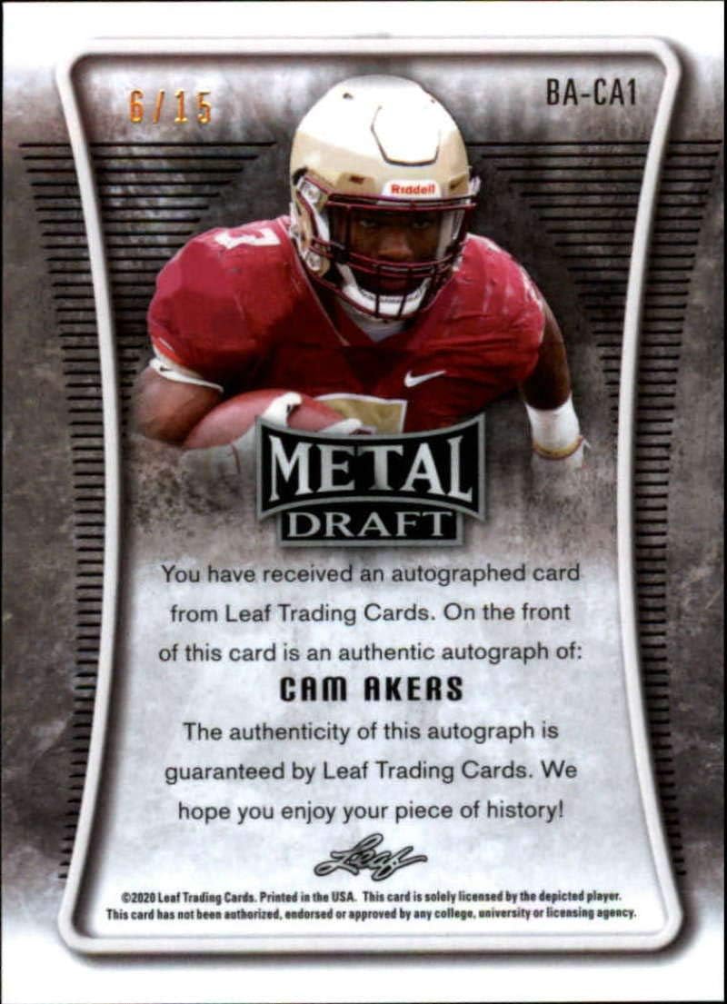 2020 Leaf Metal Draft Autograph Wave Purple Football S15#BA-CA1 Cam Akers Auto Florida State Official Player Licensed Rookie Card
