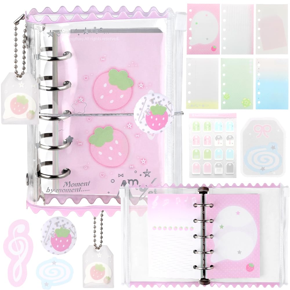 Kawaii M5 5 Ring Binder Notebook Refillable PVC Pink Strawberry Notebooks Loose Leaf Binder Notebooks Cute Small Zip Notebook Refillable Campus Journal Notebook for School Office Accessories