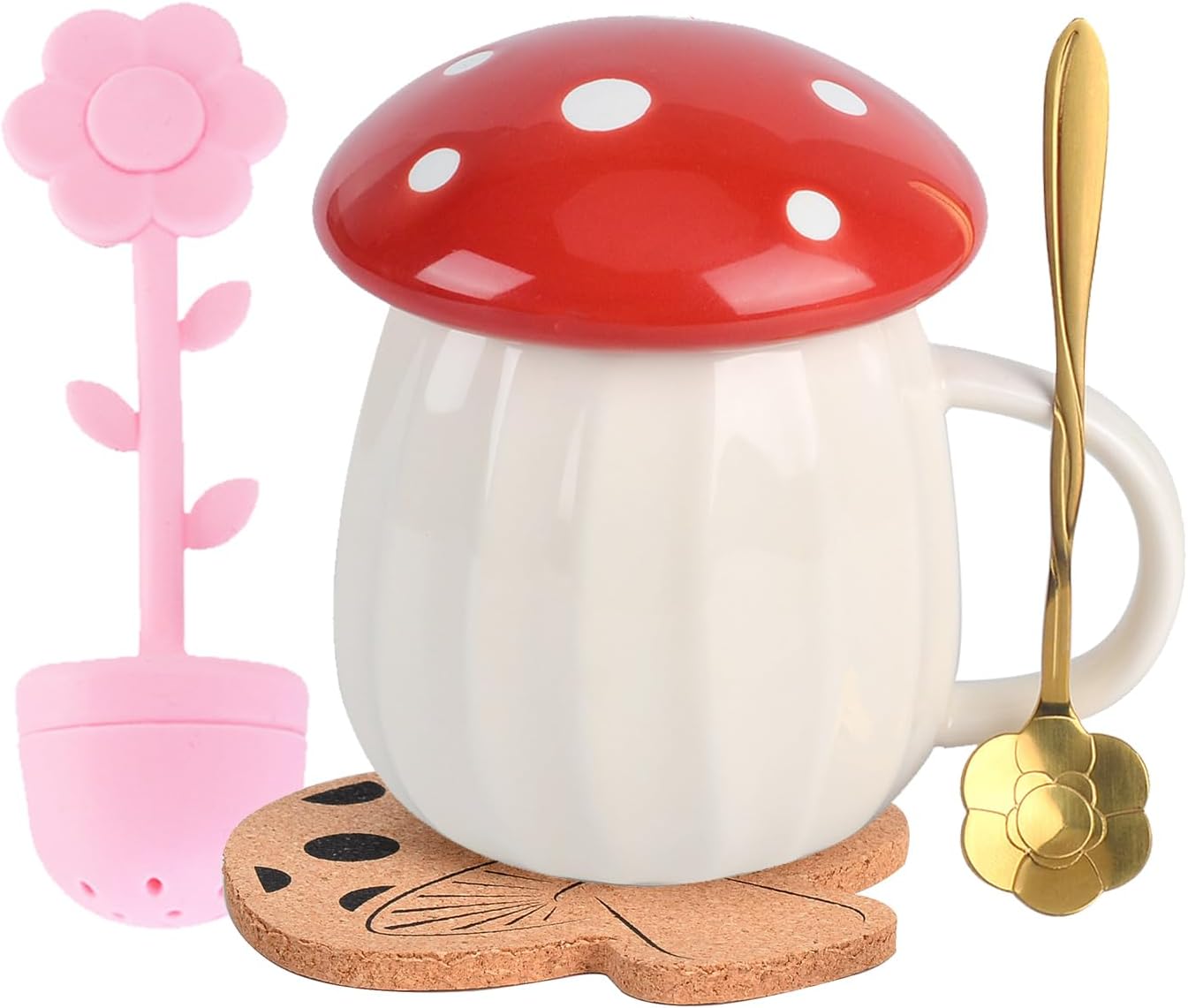 Mushroom Mug, Cute Coffee Mug with Lid, Gift for Women, Ceramic Tea Mug 8oz Kawaii Mushroom Tea Cup with infuser, Mushroom Stuff Decor, Mothers Day Gift for Mom, Girls, Christmas, Birthdays