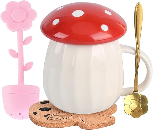 Taza de hongo, bonita taza de café con tapa, cuchara de flores, infusor de té, juego de tazas de té de hongos Kawaii, 8.5 fl oz8 onzas para leche,