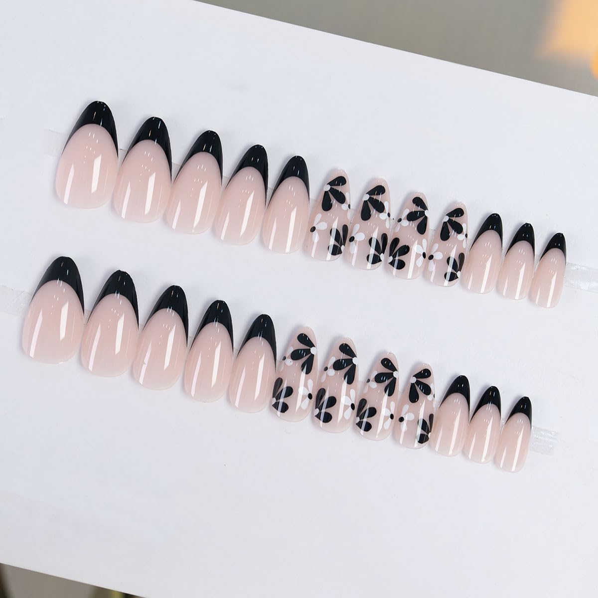 SXVME Black French Tip False Nails Almond Shape French Press on Nails with Floral Designs Natural Nude Artificial Fake Nails Medium Length Gel Stick on Nail for Women Office Summer Wear 24Pcs - Image 4