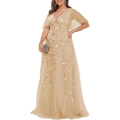 Ever-Pretty Womens Plus Size V-Neck Sequin Emboridery Formal Evening Dresses with Sleeves 00736-PZ