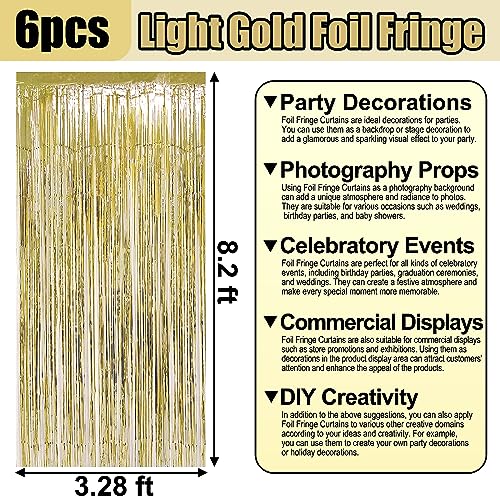 Image of 6 Pack Light Gold Foil Fringe Curtain Backdrop, 3.28Ft x 8.2Ft Metallic Tinsel Foil Fringe Streamer Curtains for Photo Booth, Christmas Day, Thanksgiving, Wedding, New Year Party Decorations